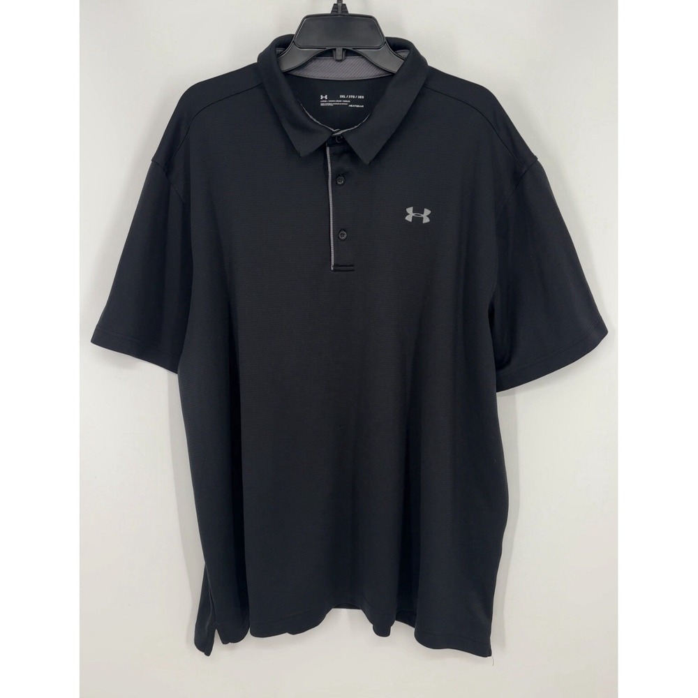 Under Armour Short Sleeve Polo Shirt Solid Black Loose Heatgear Mens Size 3XL